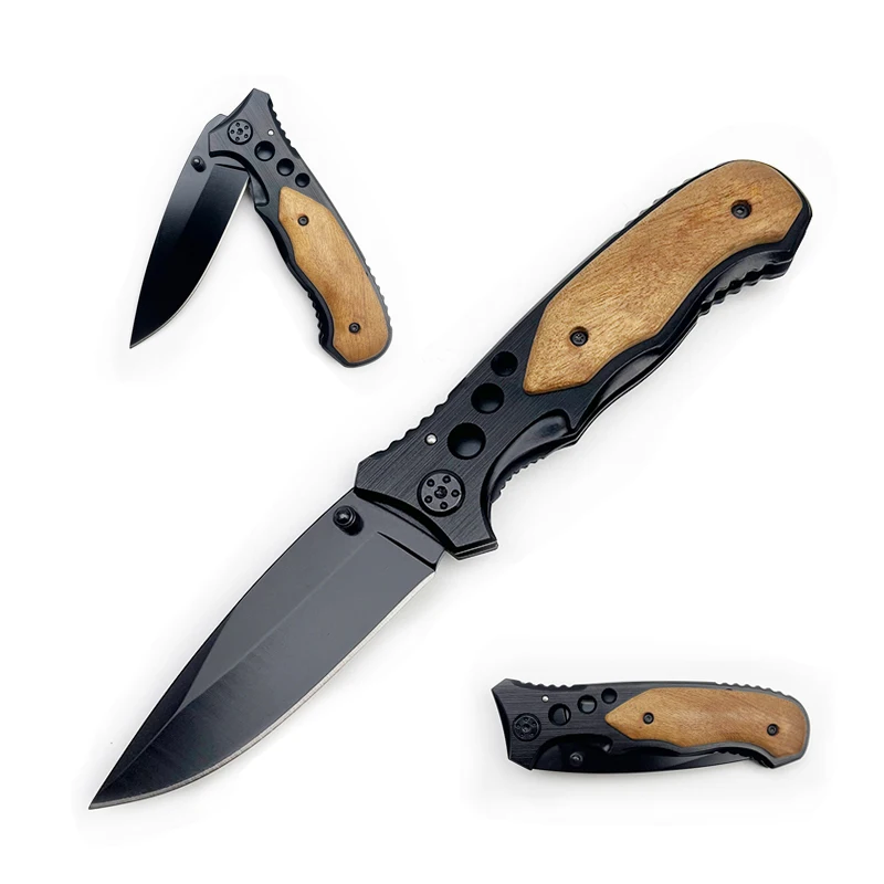 Рекламные товары, деревянная ручка, нержавеющая сталь, черный складной карманный нож для кемпинга на открытом воздухе, мужской подарок
