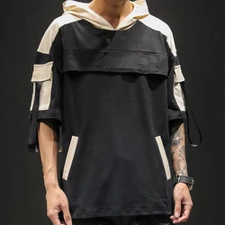 Hipster multi pockets swag short sleeve streetwear Men T shirt Fashion colorful splice hooded  Hip Hop Men Oversized Tees Tops