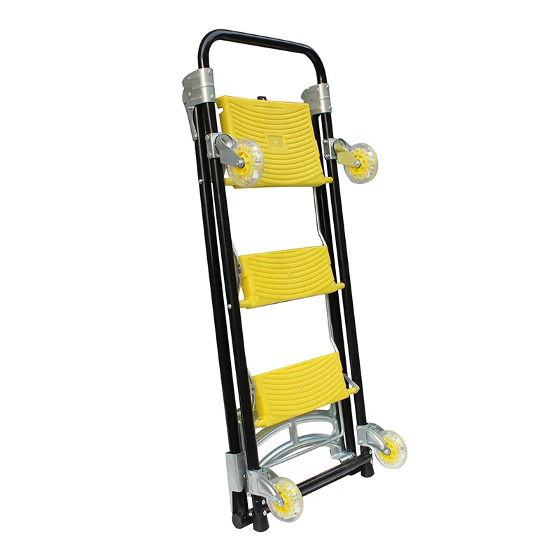 A ladder with A cart, a tool cart with wheels, a ladder