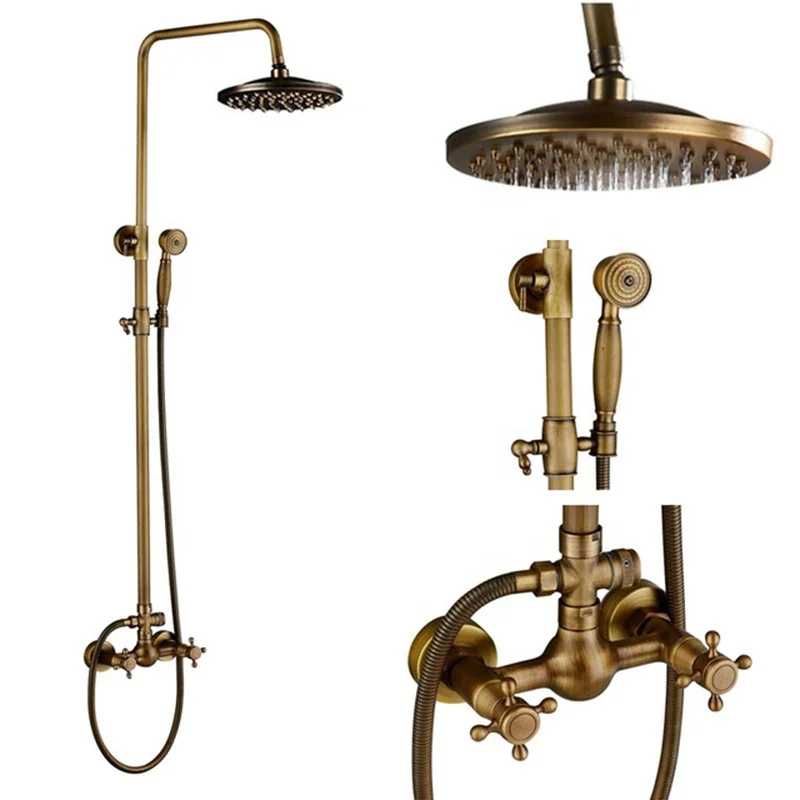 
Antique brass Shower Set Faucet Wall Mount Single Handle with Handshower + Shelf Bathroom Shower Mixer Tap 