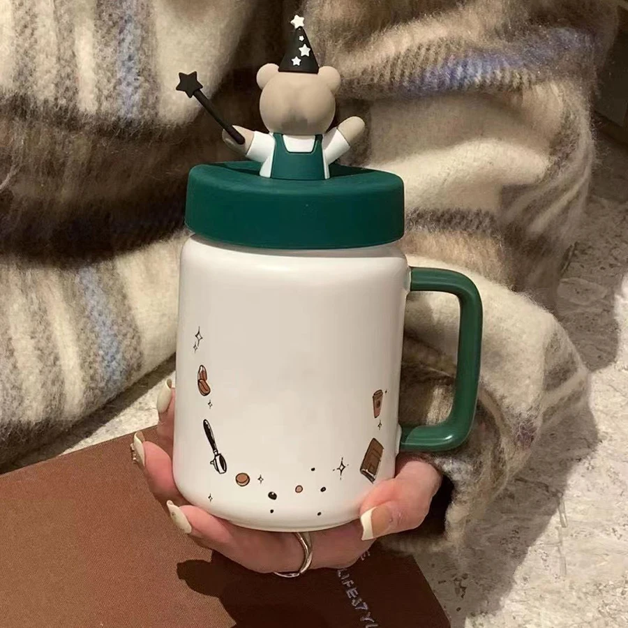 Silicone lid mason coffee cup clerk bear magician cute green ceramic mug