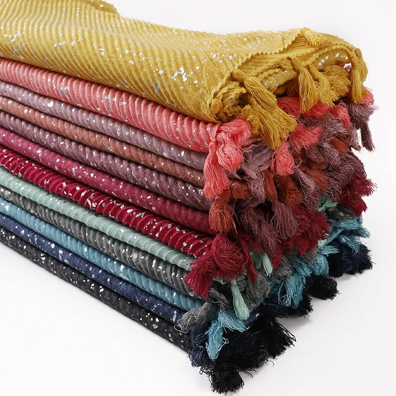 Sky Star White Bronzing Glitter Shinny Silver Sequins Cotton Linen Scarf Crinkled Plain Hijabs Muslim Tassel Shawls Head Wrap