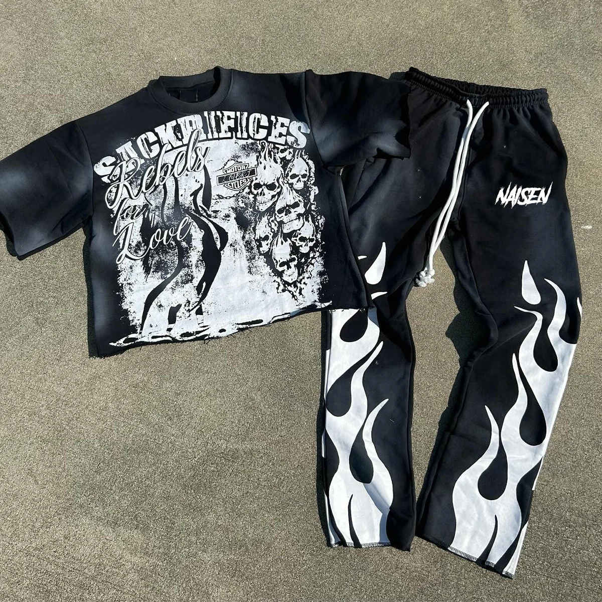 Custom Luxury Mens Clothing Cropped Sweatsuit Jogging Tshirts Track Suit Blank Sunfaded Acid Wash Men Tracksuits