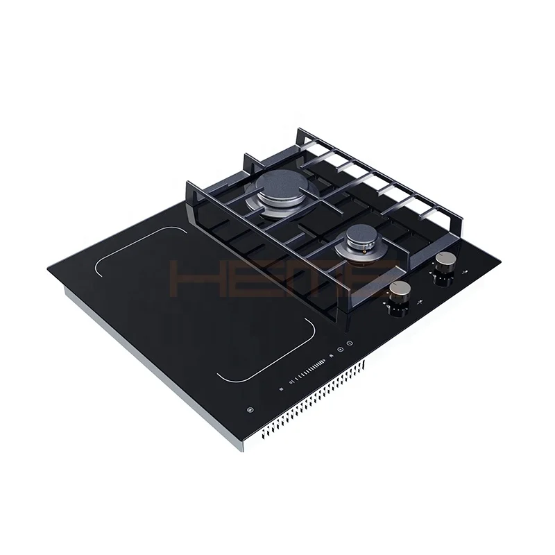 Built in Kitchen Mixed Hob Black Glass Panel 4 Plate Gas Induction Cooktop With Two Gas And Two Electrical