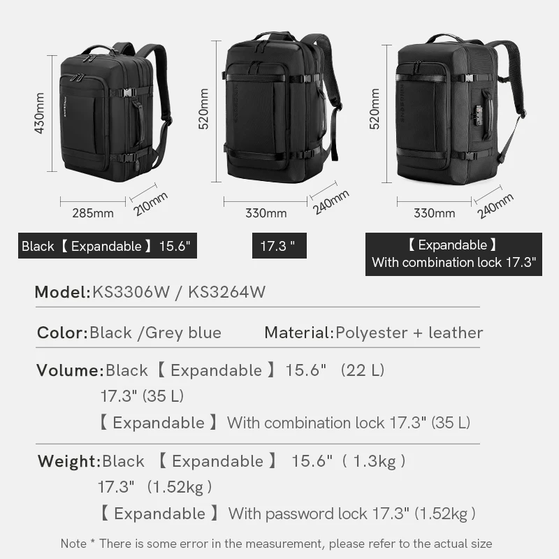 New design Kingsons BSCI factory high quality expandable travel backpack 22L to 35L large capacity laptop backpack with pockets