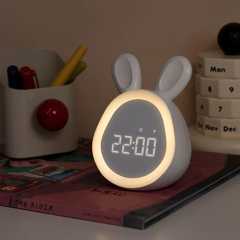 Lovely Round Rabbit Alarm Clock With Light Children Student Cartoon Electronic Digital Clock LED