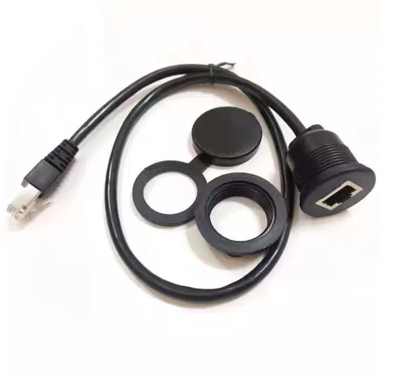 Shenzhen Manoson Black Waterproof Round Panel Mount CAT5E RJ45 Male To Female Ethernet Extension Network Cable
