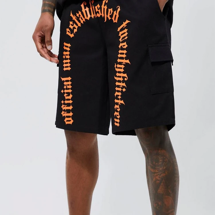 custom mens shorts polyester printed black cargo shorts for men
