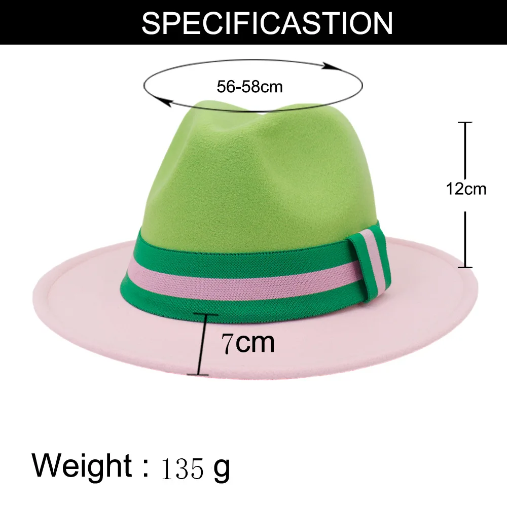 FS Christmas Wool Felt Jazz Hat Women Men Wide Brim Hats Trilby Ladies Green Pink Patchwork Panama Fedora Cap Hats With Ribbon