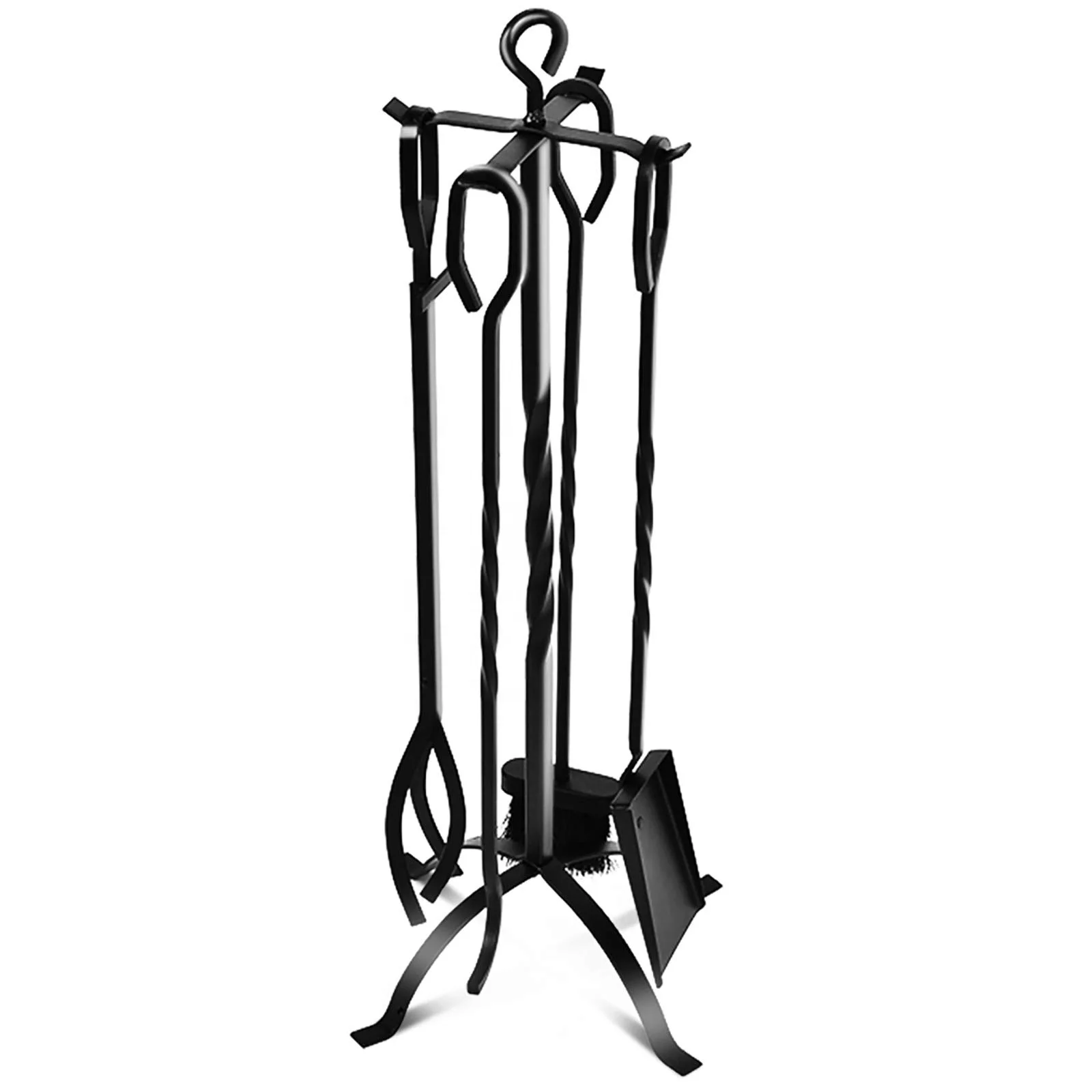5 Piece Indoor Heavy Duty Wrought Iron Fire Place Tool Set with Poker Shovel Tongs  Brush