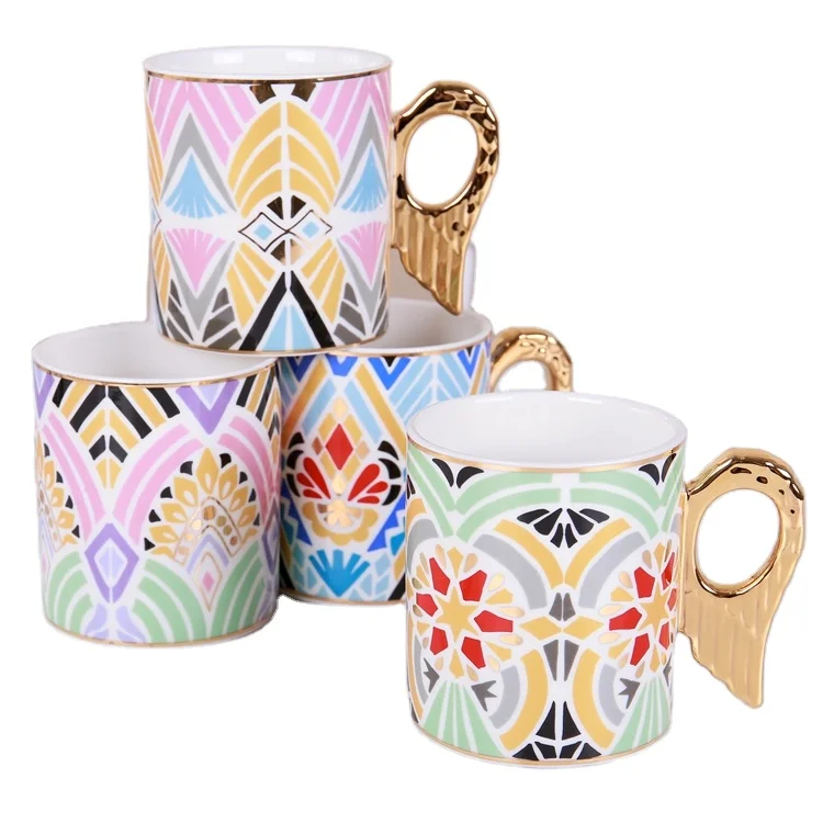 Factory Direct Selling Luxury Gold Handle Porcelain Coffee Mugs Angel Wing Handle Ceramic Mugs Gold Rim Coffee Mugs Tea Cups