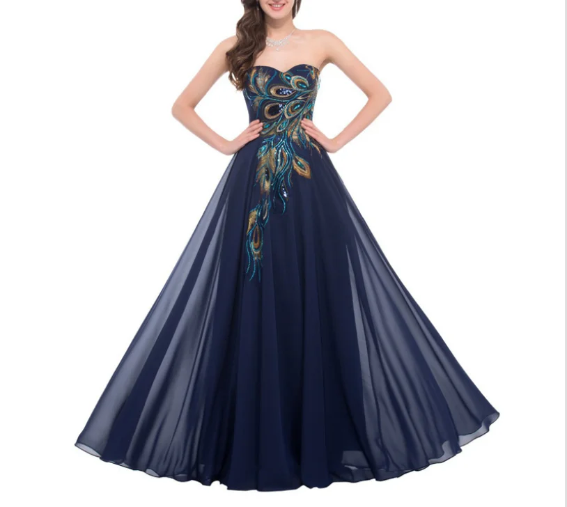 
2020 new embroidered peacock dress mopping long navy blue purple black dress gown chiffon 