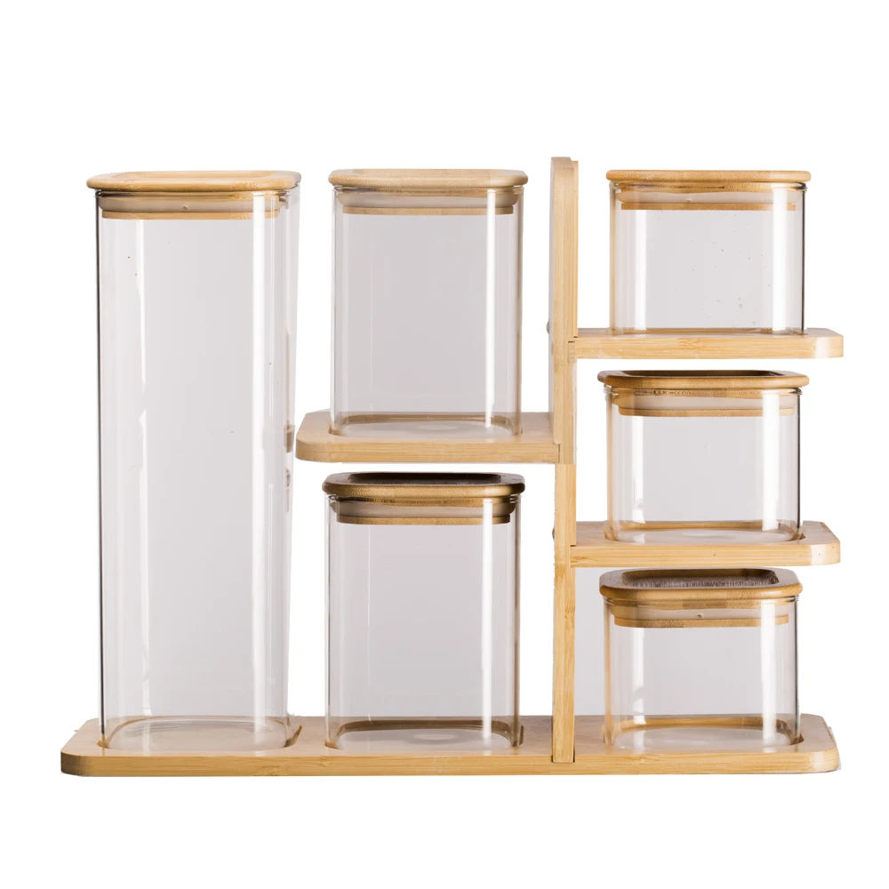 Customized logo Set of 6 borosilicate glass canister storage jar set with  bamboo stand