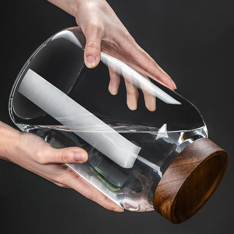 Large glass sealed jar screw wooden lid green plum lychee wine bottle tangerine peel miscellaneous grain storage jar