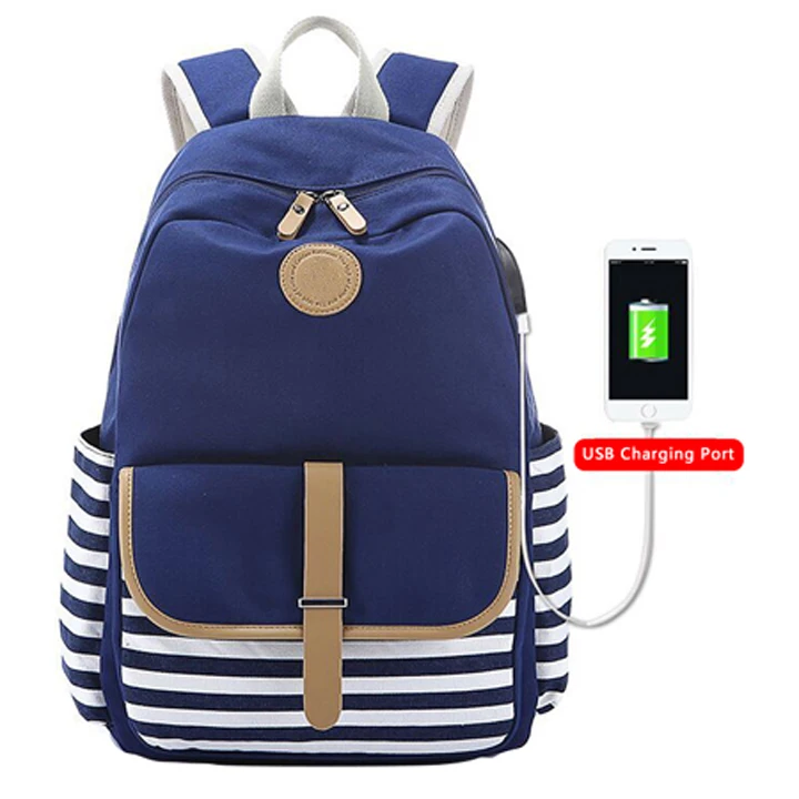 Blue Casual Canvas Backpack School Bag For Daily Use,School Life And More With Cute Stripe Patterns