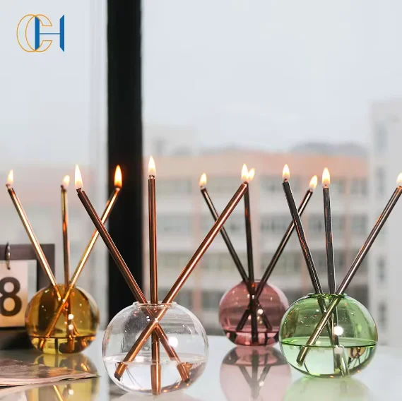 C&H Never Ending Candle Clear Globe Glass Jar with Gold Rods Set