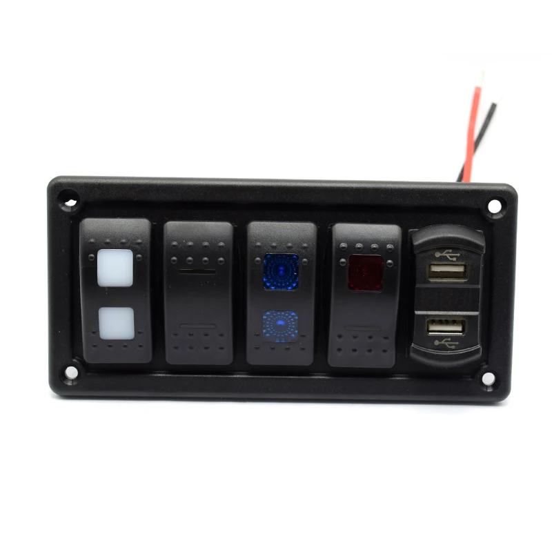 Dc 12V 24V Waterproof  5 Pin  Push Button 5 Gang On Off  Car Marine Boat Rocker Switch and 4.2 A USB Charger  Panel Kit