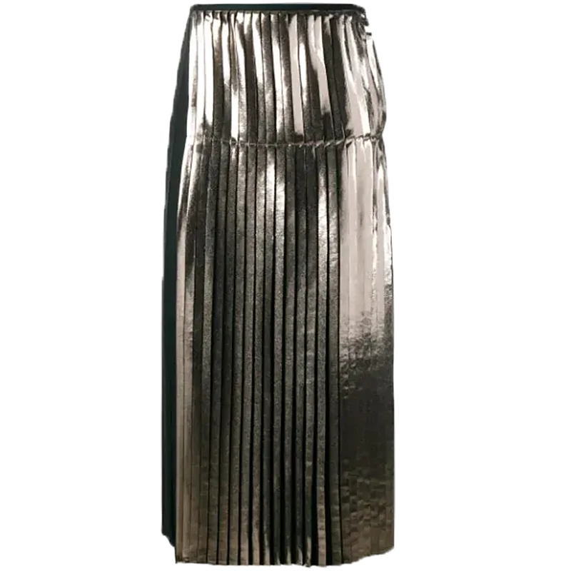 Custom Korean Style Plus Size Summer Shiny Contrasting Panels Skirt Long Maxi Pleated Skirt Womens Skirts