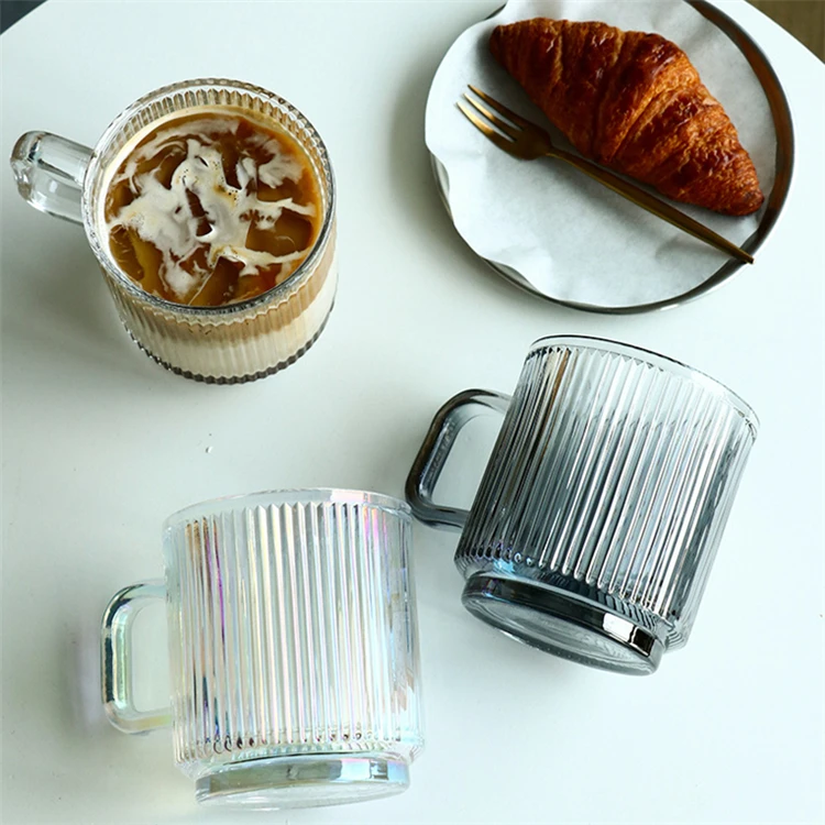 Simple Classical Vertical Striped Glass Reusable Coffee Cup Mug with Handle