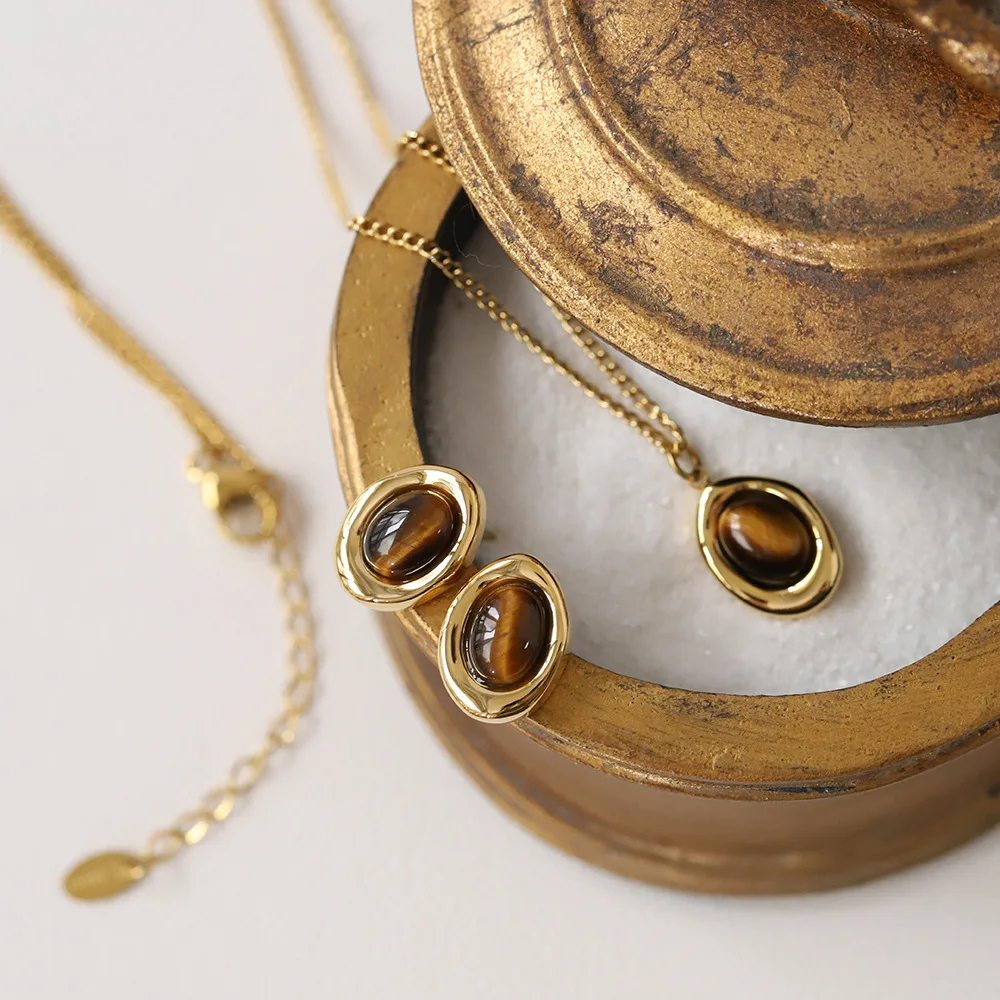 Natural tiger eye stone coffee beans Maillard necklace and earring set stainless steel waterproof tarnish free daily jewelry