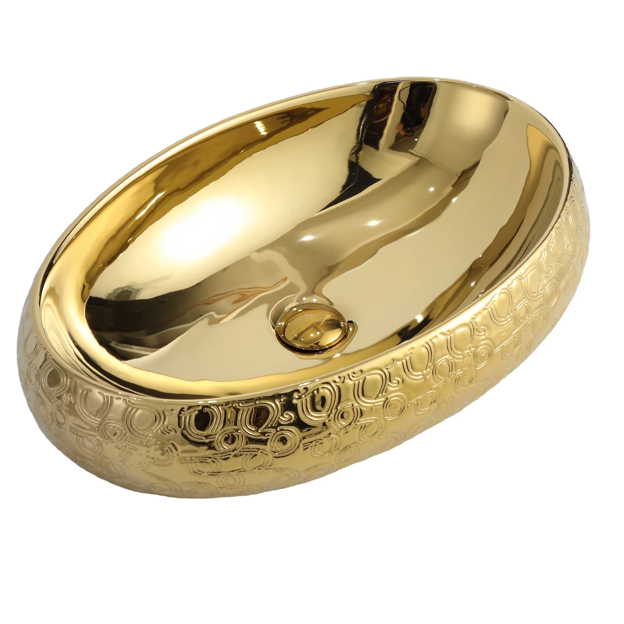Hotel Counter Top Washbasin Lavabo Face Hand Wash Basin Gold Vessel Sink for Bathroom Oval Ceramic Luxury Plating Golden Color