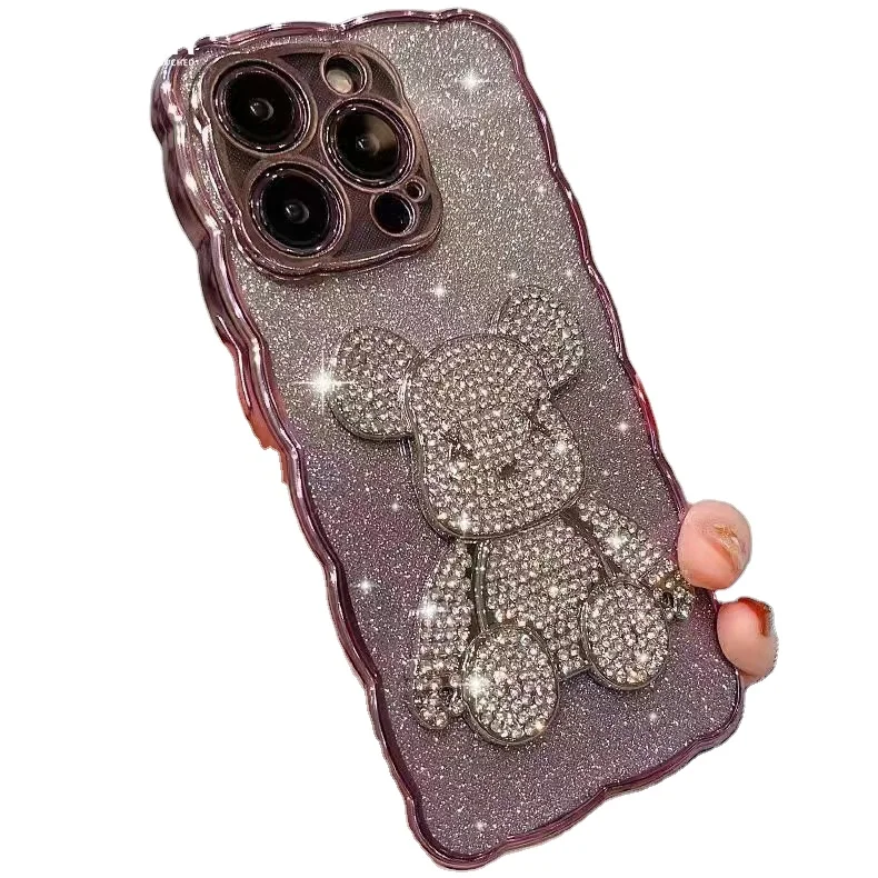 Fashion Wave 3D Diamond Gloomy Bear Mobile Phone Case Electroplated Bling Phone Case For Iphone Series