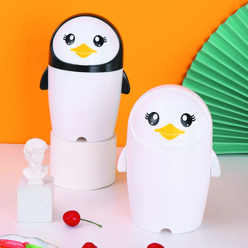 Office Penguin Mini Car Waste Bin Desktop Flip Top Dustbin Countertop Small Portable Plastic Trash Can