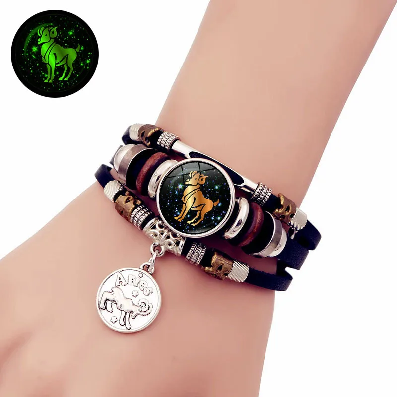 G2851 Wholesale Pulseras Horoscope Leather Luminous Bracelet Jewelry Glow In The Dark Astrology Chinese 12 Zodiac Sign Bracelets