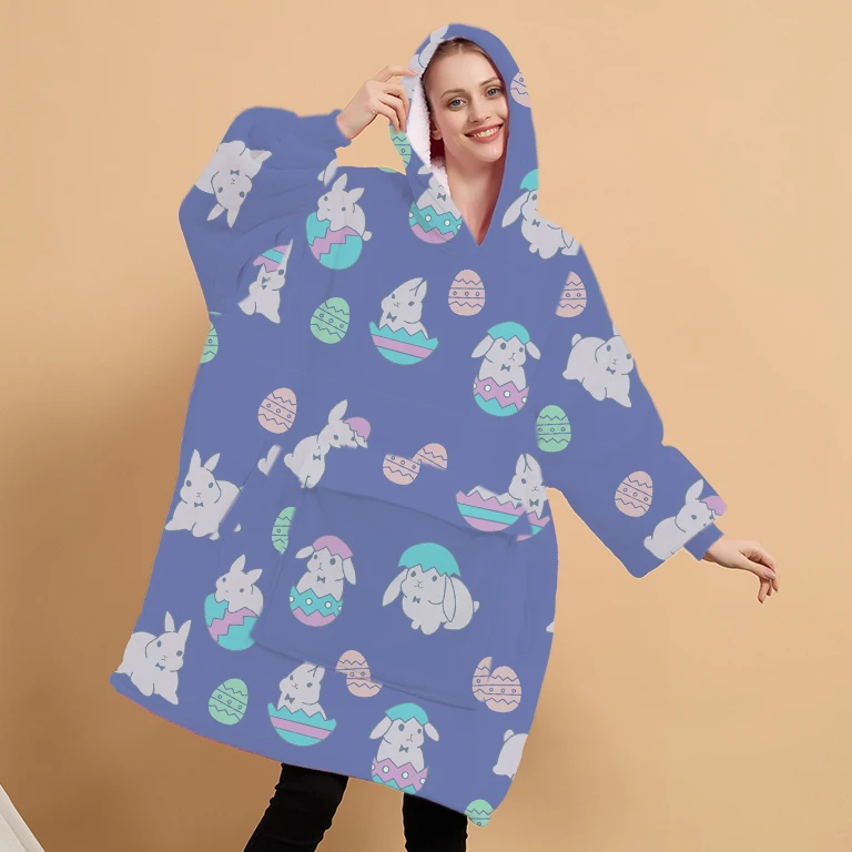 Customized Easter Rabbit Pattern Design Sherpa Cozy Soft Warm Oversized Hoody Wearable Pullover Hoodie Blanket With Hoods