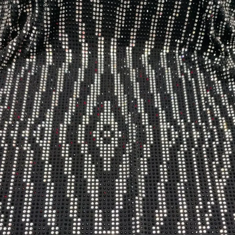 High Quality 2mm Space Rhinestones Shiny Black and White Crystals Glued to Spandex Fabric for Clothing