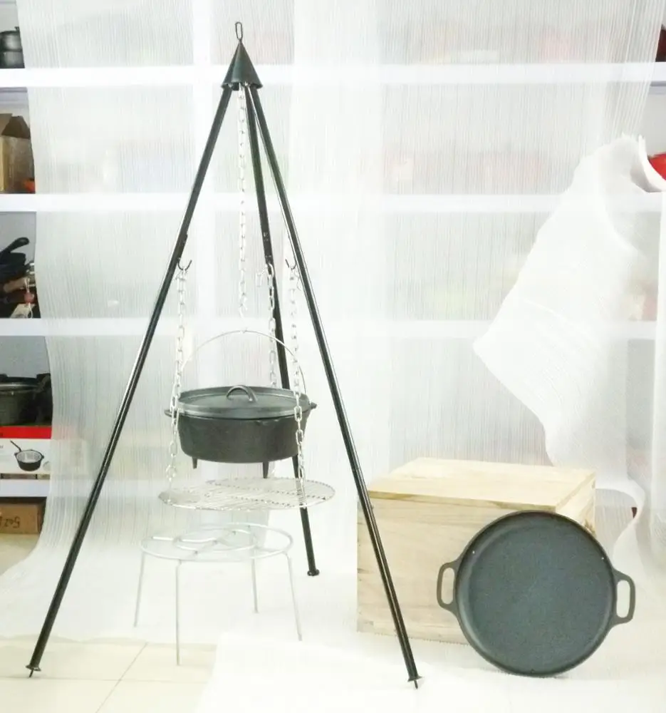 cast iron cookware set with campfire tripod set