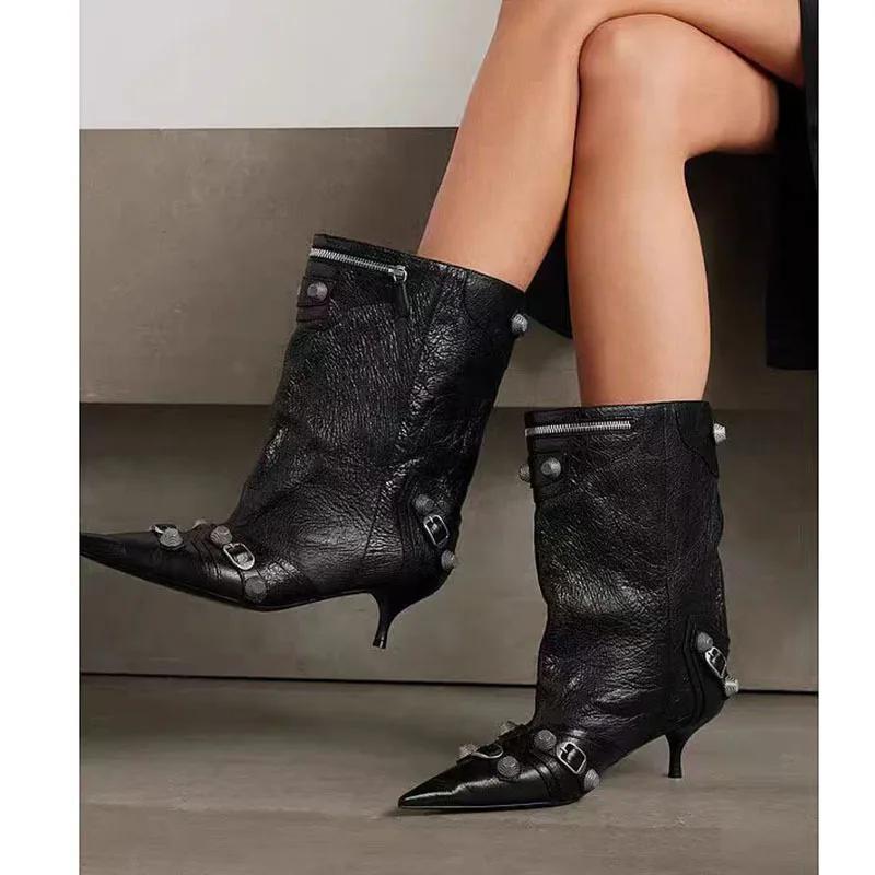 SHIKOL luxury boots for women fashion zip-embellished studded rivet crinkled-leather kitten heels wide calf ladies ankle boots