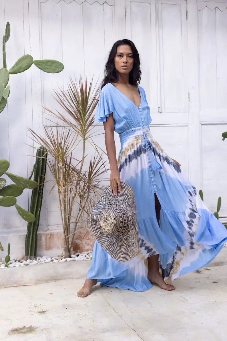 Bohemian beach wear silk dress V-neck summer Indian silk saree for ladies fashion maxi long dress for woman