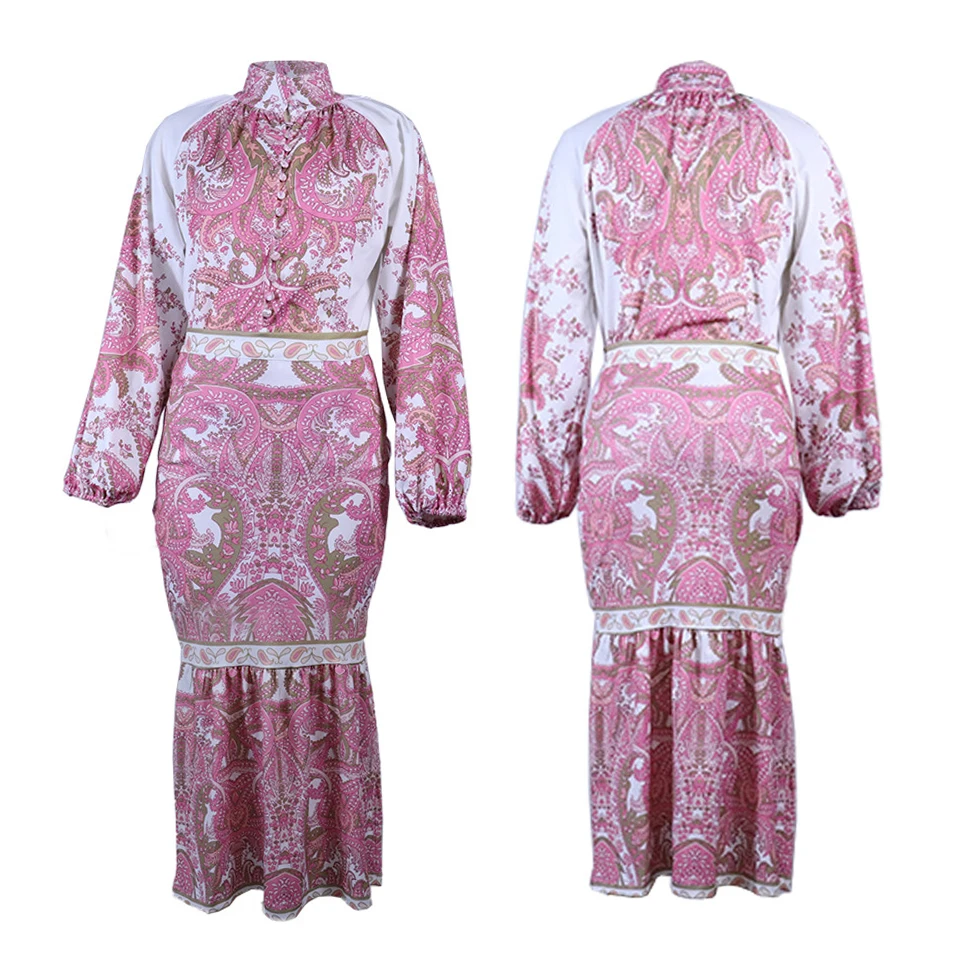 Autumn new bohemian print plus size ladies elegant dress 2piece suit women formal dresses and skirts two pieces