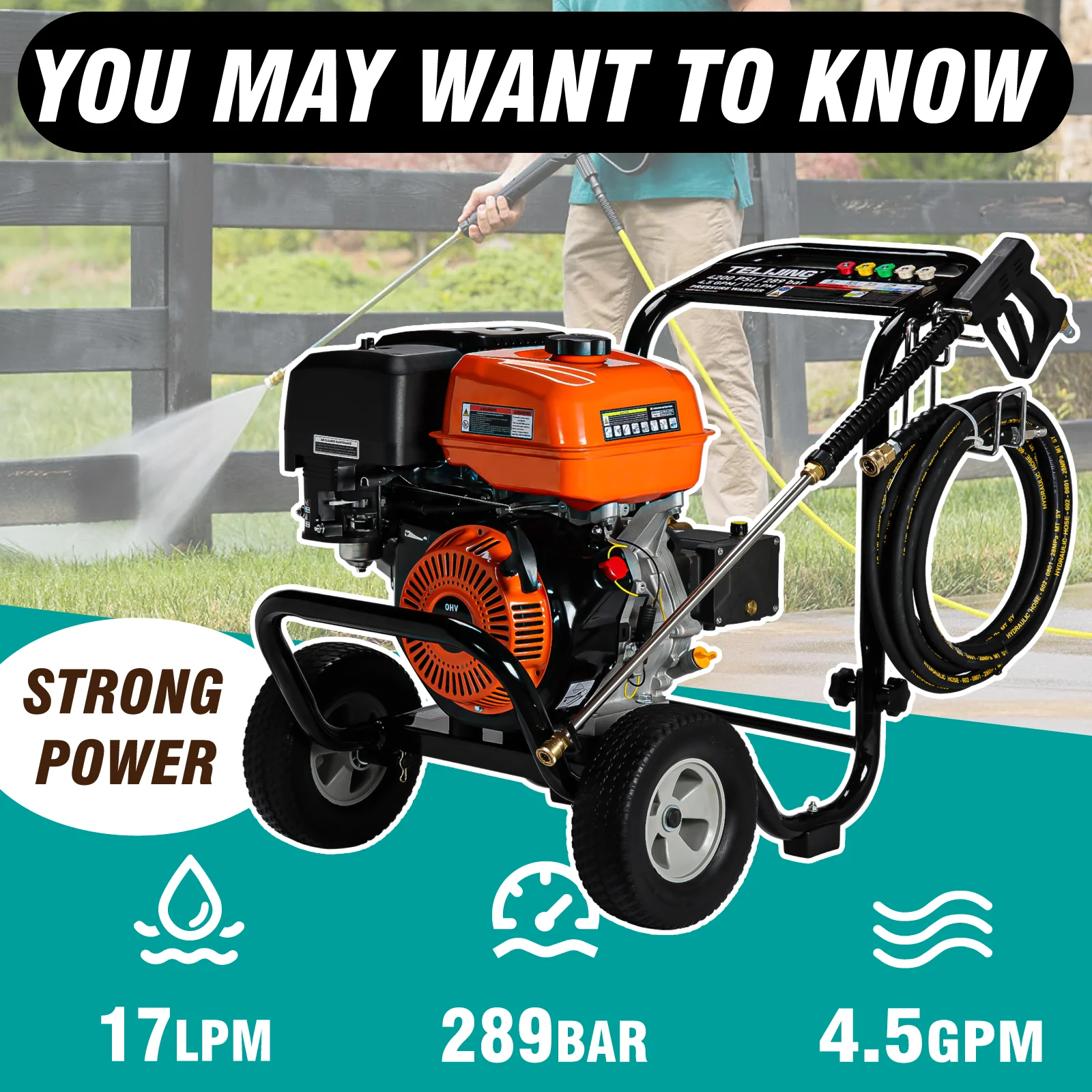 4200PSI/289Bar 8KW OHV Gasoline High Pressure Washer 420cc 3400rpm Portable Washing Machine Recoil Start for Car wash or other
