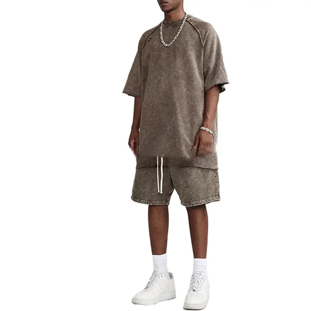 heavyweight raw edge acid washed t shirts 2 piece sweat short set  oversize 100% cotton custom logo t shirt for men