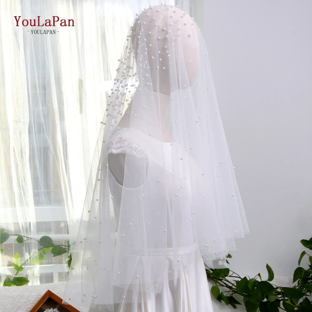 
YouLaPan V08 Long Tulle White Pearl Bridal Veil Cathedral Veil for wedding Dress Accessories 