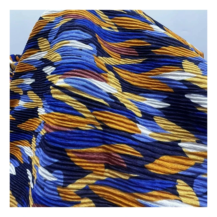 High quality 100% Polyester Printed Shiny Crumple pleated crushed wholesale fabric for women pleated skirt and dress