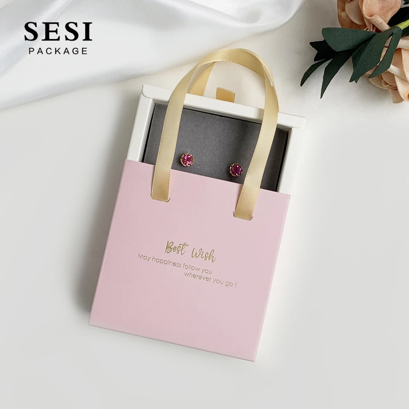 Custom Logo Pink Slide Carton Jewelry Box Packing Drawer Slide Satin Jewellery Box With Handle Ribbon