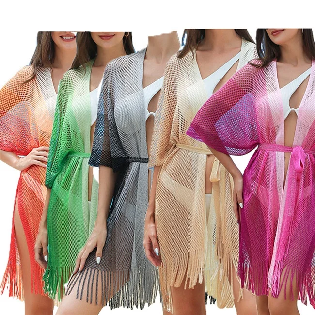 2024 Women Gradient Bikini Beach Cover Up dress fashion fringes split knitted crochet hollowed-out holiday beachwear with Belt