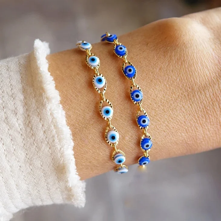 Waterproof personalized gold plated Turkish evil eye stainless steel geometric bead charm bangle bracelets necklace Boho jewelry