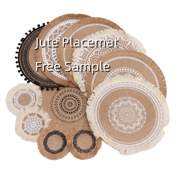 Kitchen Dining Cotton linen Jute Placemat Boho  Woven Tassel Printed Table Mats Pad Heat Resistant Waterproof jute Placemat