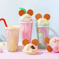 16 oz Double Walled Plastic Dome Lid Mick Ice Cream Ears paper coffee Tumbler Cups with lids and straws