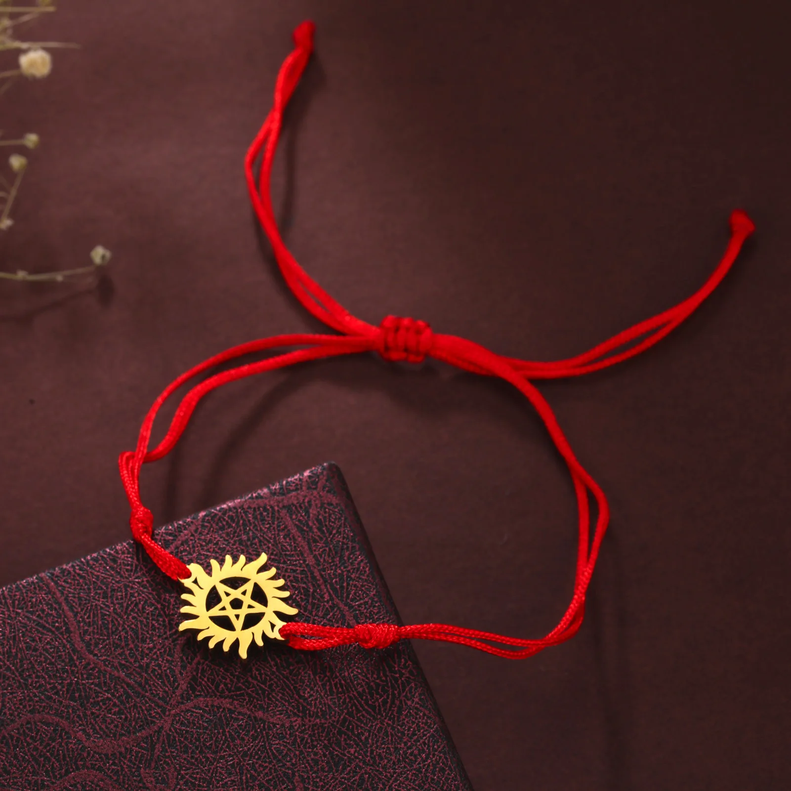 stainless steel silver 18k gold plated supernatural sun star charm bracelet macrame black cord red string rope charm bracelet