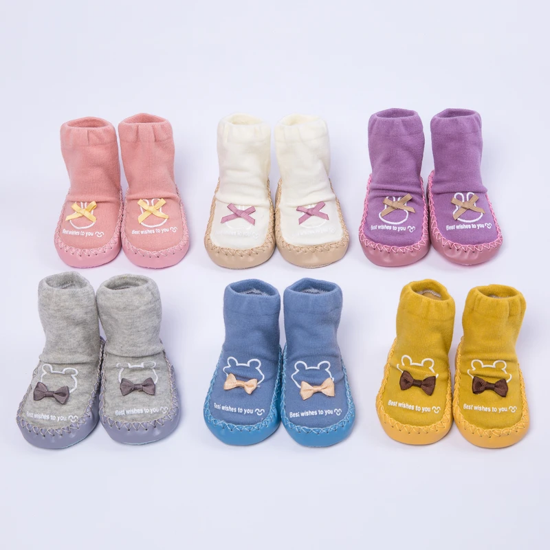 Factory Supply Warm Knit Slipper Baby Socks With Leather Sole Kids Children Shoes Non Slip