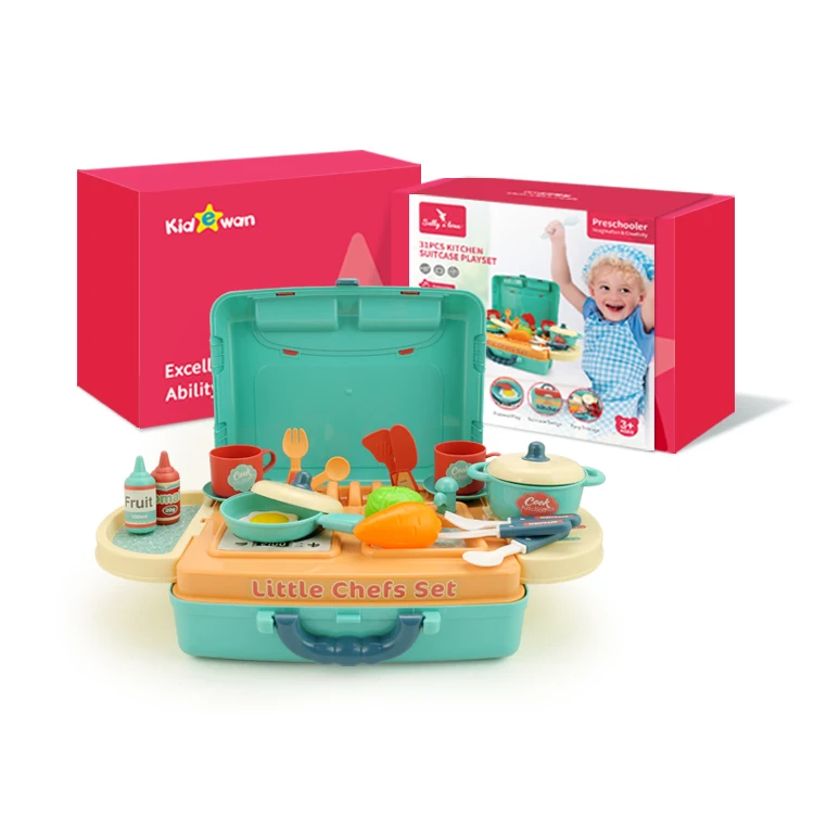 Kidewan 31Pcs Kitchen Suitcase Children Tableware Sets Pretend Play Cooking Game Kitchen Toys For Girls