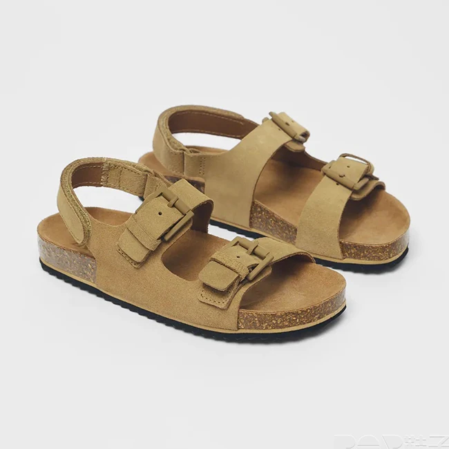Shoes Manufacturer Custom Logo Boys Girls Little Kid Outdoor With Cork Footbed Flat PU Buckle Strap Sandal