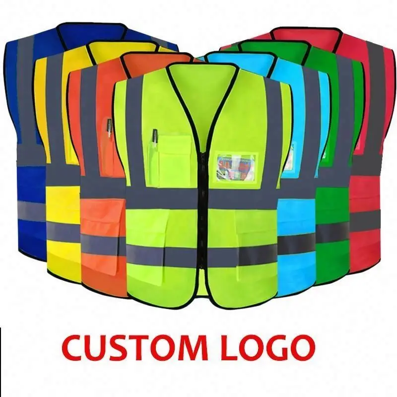 Logo Print OEM Wholesale Industrial Reflective Strips Construction Traffic Safety Vest With Zipper And Pocket