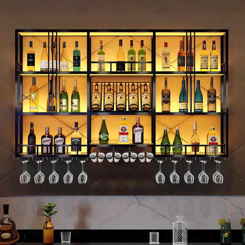 Customized industrial Led lights pub wall mount bar shelf display wine bar cabinet metal wine rack wall mounted display rack