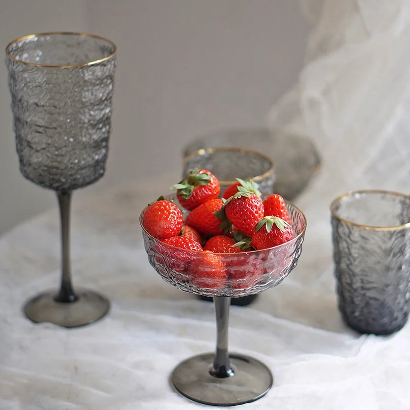 Bixuan Grey Hammered Glass Tableware 8-piece Set Glass Vase Cups Plates Salad Bowl Fruit Tray Goblet Table Decor Centerpieces